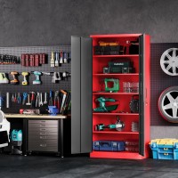 Garage Storage Cabinet With 5 Adjustable Shelves Metal Storage Cabinet With Lock Red Black Metal Cabinet With Locking Doors Stee