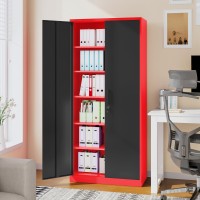 Garage Storage Cabinet With 5 Adjustable Shelves Metal Storage Cabinet With Lock Red Black Metal Cabinet With Locking Doors Stee