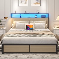 Lifezone Queen Bed Frame With 2-Tier Storage Headboard  Metal Platform Bed Frame With 4 Storage Drawers  Built In Charging Station & Led  Noise-Free/Metal Support/No Box Spring Needed  Beige