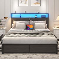 Lifezone Queen Bed Frame With 2-Tier Storage Headboard  Metal Platform Bed Frame With 4 Storage Drawers  Built In Charging Station & Led  Noise-Free/Metal Support/No Box Spring Needed  Rustic Grey