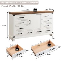 Farmhouse 8 Drawer Dresser For Bedroom With Adjustable Shelf Wood Long Chest Of Drawers With Thick Plank Styling Rustic Large