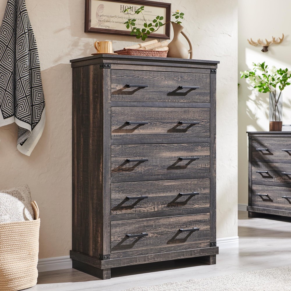 Farmhouse 5 Drawers Dresser For Bedroom Wood Tall Chest Of Drawers With Thick Plank Styling Rustic Closet Dresser For Bedroom