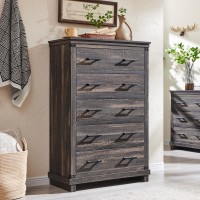 Farmhouse 5 Drawers Dresser For Bedroom Wood Tall Chest Of Drawers With Thick Plank Styling Rustic Closet Dresser For Bedroom