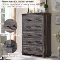 Farmhouse 5 Drawers Dresser For Bedroom Wood Tall Chest Of Drawers With Thick Plank Styling Rustic Closet Dresser For Bedroom