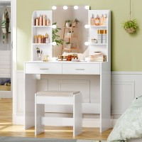 Usikey Vanity Desk With Mirror Lights Makeup Vanity Table With 2 Large Drawers 6 Storage Shelves Stool Bedroom Dressing V