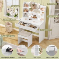 Usikey Vanity Desk With Mirror Lights Makeup Vanity Table With 2 Large Drawers 6 Storage Shelves Stool Bedroom Dressing V