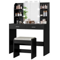 Usikey Vanity Desk With Mirror Lights Makeup Vanity Table With 2 Large Drawers 6 Storage Shelves Stool Bedroom Dressing V