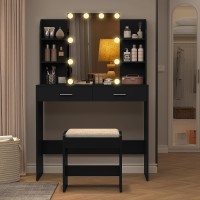 Usikey Vanity Desk With Mirror Lights Makeup Vanity Table With 2 Large Drawers 6 Storage Shelves Stool Bedroom Dressing V