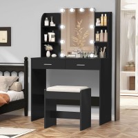 Usikey Vanity Desk With Mirror Lights Makeup Vanity Table With 2 Large Drawers 6 Storage Shelves Stool Bedroom Dressing V