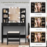 Usikey Vanity Desk With Mirror Lights Makeup Vanity Table With 2 Large Drawers 6 Storage Shelves Stool Bedroom Dressing V