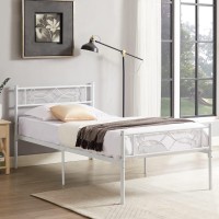 Vecelo 14 Twin Size White Metal Platform Bed Frame With Headboard Premium Steel Slat Supportno Box Spring Needednoisefreee