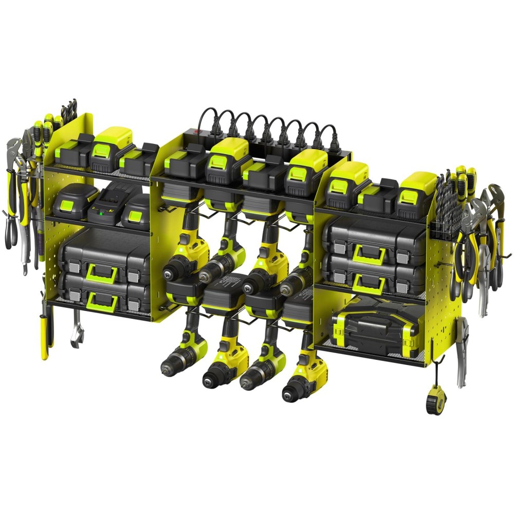 Cccei Green Large Tools Organizer Wall Mount Charging Station 39 Inch Long Power Tool Battery Storage Rack With 6Ft Power Strip