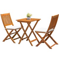 Jummico 3 Piece Folding Patio Chairs Outdoor Acacia Wood Bistro Set With Cushion Square Table And Chairs Porch Furniture For Bal