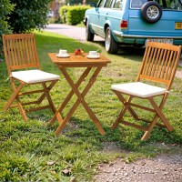 Jummico 3 Piece Folding Patio Chairs Outdoor Acacia Wood Bistro Set With Cushion Square Table And Chairs Porch Furniture For Bal