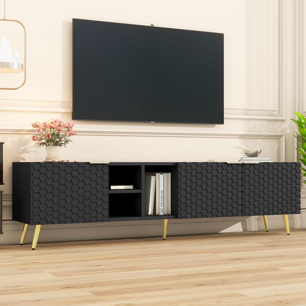 Merax Modern Minimalist Geometric Tv Stand With Metal Handles And Gold Legs For Televisions Up To 80 Multifunctional Storage