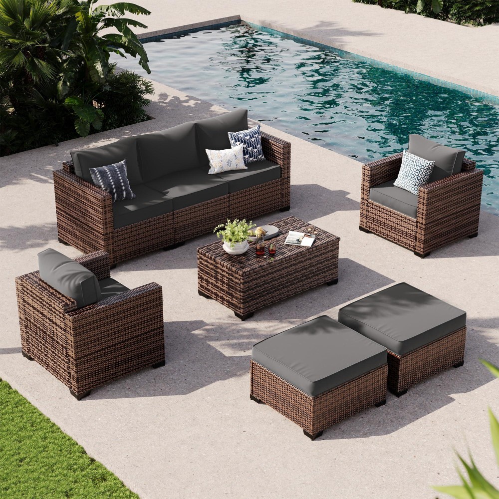 Udpatio Outdoor Furniture 6 Pieces Patio Furniture Set With Ottoman Wide Armrest Rattan Patio Set 7 Seats With Storage Table Fo