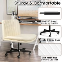 Pukami Criss Cross Chair With Wheels Armless Cross Legged Office Desk Chair Pu Leather Modern Swivel Height Adjustable Wide Seat