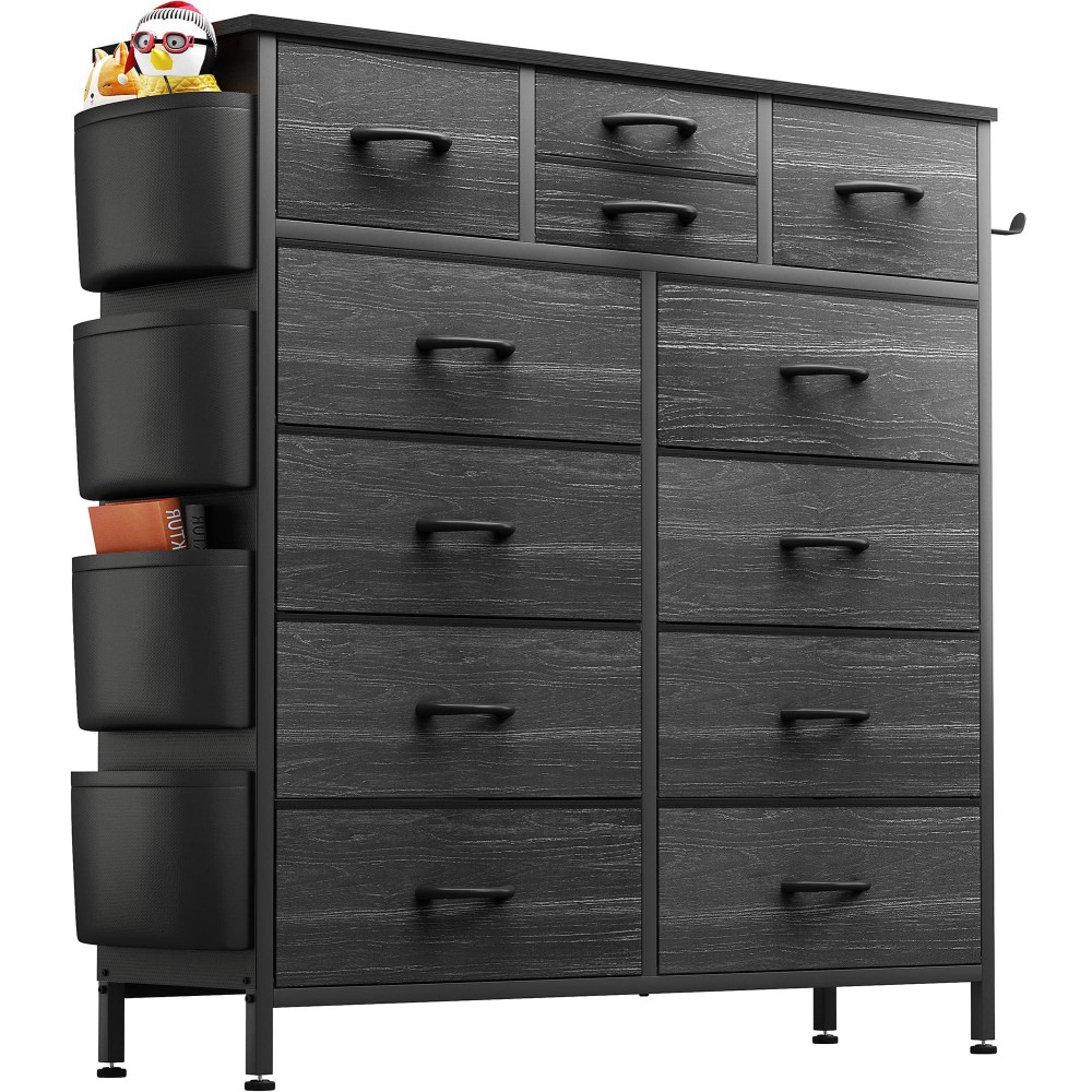 Lulive Black Dresser For Bedroom With 12 Drawers Tall Dressers Chest Of Drawers With Side Pockets And Hooks Fabric Dresser Sto