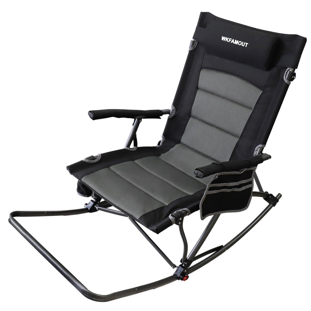 Wkfamout Oversized Folding Rocking Camping Chair With Footrest Removable Pillow Portable Outdoor Rocker Padded High Back Ergonom