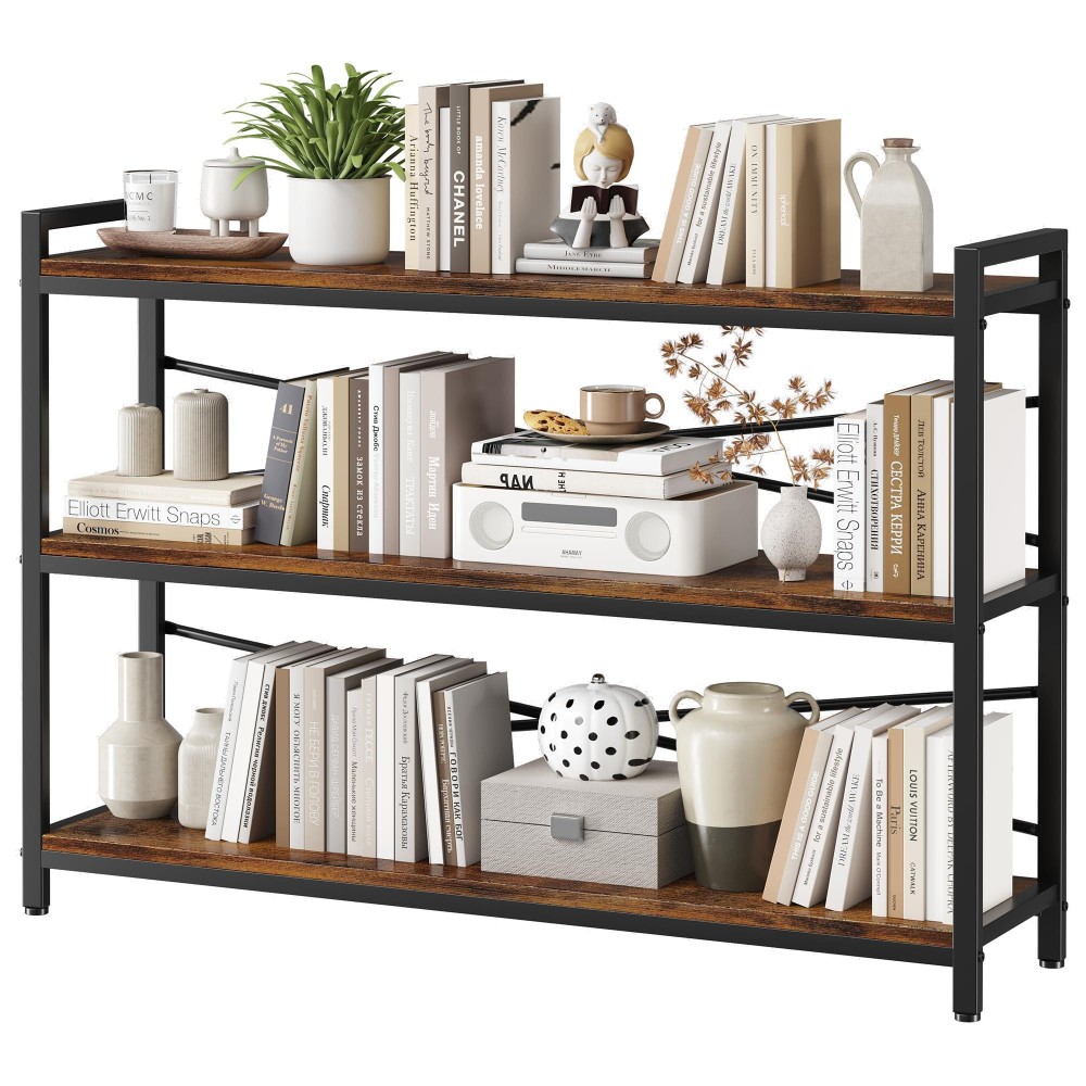 3 Tier Bookshelf 4724 Width Wood And Metal Etagere Bookcase Vintage Farmhouse Modern Wooden Large Book Shelf For Home Livin