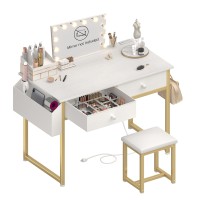 Kairoad White And Gold Makeup Vanity Desk With Chair No Mirror Small Vanity Table With Drawers Power Outlet Stool Without M