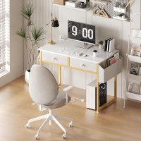 Kairoad White And Gold Makeup Vanity Desk With Chair No Mirror Small Vanity Table With Drawers Power Outlet Stool Without M