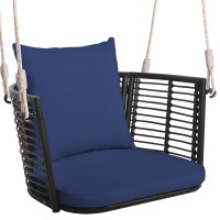 Tangkula Outdoor Metal Porch Swing Single Person Hanging Seat Wwoven Rattan Backrest 2 Sturdy Hanging Ropes Seat Back Cush