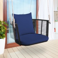 Tangkula Outdoor Metal Porch Swing Single Person Hanging Seat Wwoven Rattan Backrest 2 Sturdy Hanging Ropes Seat Back Cush