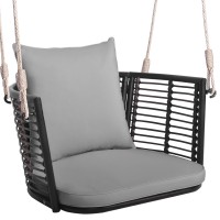 Tangkula Outdoor Metal Porch Swing Single Person Hanging Seat Wwoven Rattan Backrest 2 Sturdy Hanging Ropes Seat Back Cush