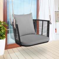 Tangkula Outdoor Metal Porch Swing Single Person Hanging Seat Wwoven Rattan Backrest 2 Sturdy Hanging Ropes Seat Back Cush