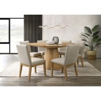 Jasper Driftwood Finish 7 Piece 59W Round Dining Table Set With Beige Fabric Chairs