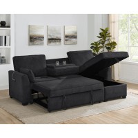 Ember 92W Black Fabric Sleeper Sectional With Reversible Storage Chaise Usb Charging Ports And Cupholders