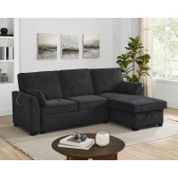 Ember 92W Black Fabric Sleeper Sectional With Reversible Storage Chaise Usb Charging Ports And Cupholders