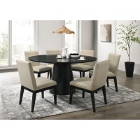 Jasper Ebony Black 7 Piece 59W Round Dining Table Set With Beige Fabric Chairs