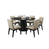 Jasper Ebony Black 7 Piece 59W Round Dining Table Set With Beige Fabric Chairs