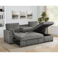 Ember 92W Gray Fabric Sleeper Sectional With Reversible Storage Chaise Usb Charging Ports And Cupholders