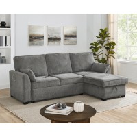 Ember 92W Gray Fabric Sleeper Sectional With Reversible Storage Chaise Usb Charging Ports And Cupholders