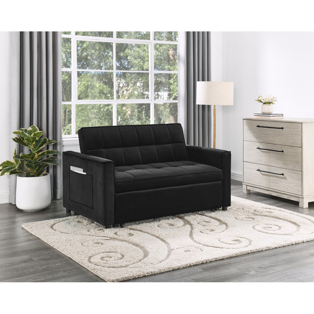 Maeve 535W Black Velvet Convertible Sleeper Loveseat With Tufting And Side Pocket