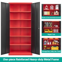 Sisesol Metal Storage Cabinet With 6 Shelves Red Garage Storage Cabinet With Lock Metal Cabinet With Locking Doors Steel Cabinet