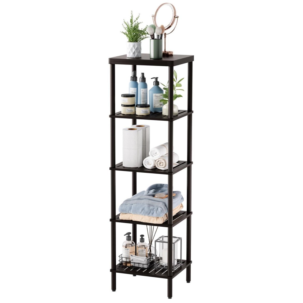 Amazerbath Bamboo Bathroom Shelf 5Tier Bathroom Standing Shelves Multifunctional Storage Rack For Living Room Bedroom Kitchen