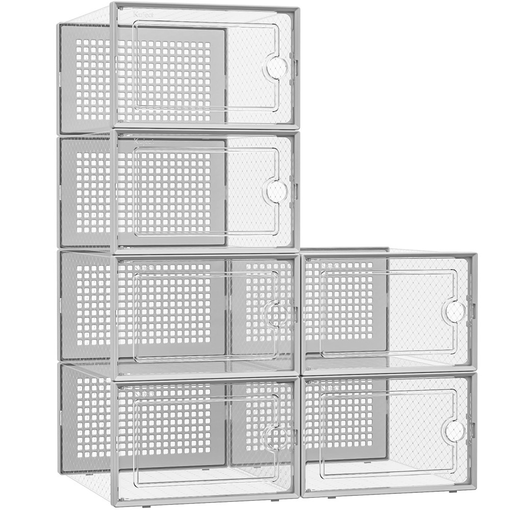 Kuject Xlarge Shoe Storage Boxes Organizers Clear Plastic Stackable 6 Pack Shoe Rack Holder Substitute Sneaker Containers