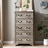 T4Tream Farmhouse 5 Drawers Dresser For Bedroom 48 Tall Wood Rustic Chest Of Drawers With Natural Texture Vintage Design St