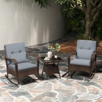 Tangkula 3 Pieces Rocking Bistro Set Patiojoy Outdoor Pe Rattan Rocker Chairs With Removable Cushions Tempered Glass Top Coff