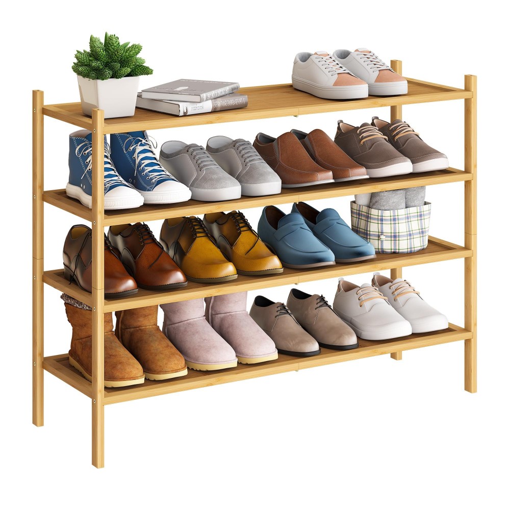 Bmosu 4Tier Bamboo Extended Shoe Rack Premium Stackable Shoe Shelf Storage Organizer For Hallway Closet Living Room Entryway Or