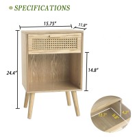 Maxsmeo Rattan Side Table Small Bedside Tables Natural Wood Nightstand With Drawer And Open Shelf Modern Nightstand With Solid