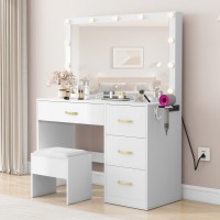 Dwvo Makeup Vanity With Lighted Mirror Vanity Desk With Power Strip Adjustable Lighting 4 Drawers And Cushioned Stool For Be