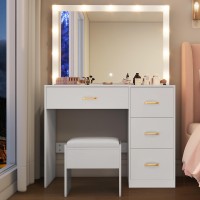 Dwvo Makeup Vanity With Lighted Mirror Vanity Desk With Power Strip Adjustable Lighting 4 Drawers And Cushioned Stool For Be