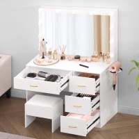 Dwvo Makeup Vanity With Lighted Mirror Vanity Desk With Power Strip Adjustable Lighting 4 Drawers And Cushioned Stool For Be