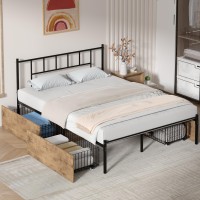 Vecelo Queen Size Metal Platform Bed Frame With Headboard 4 Storage Drawers Heavy Duty Steel Slat Support No Box Spring Need