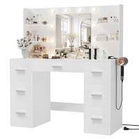 Furmax Vanity Desk With Mirror Led Lights And Power Outlet Makeup Vanity Table With 7 Drawers And 6 Storage Shelves Dressing Ta